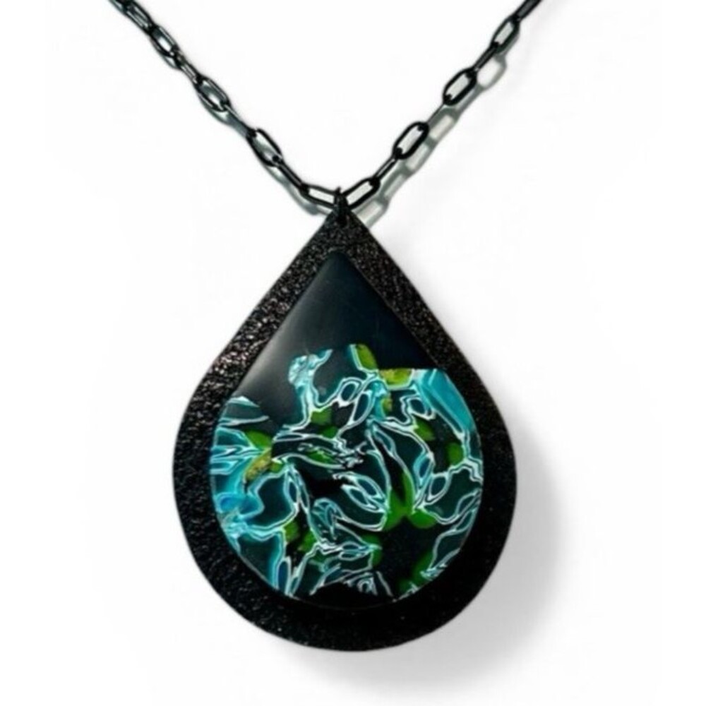 Handmade Blue & Black Abstract Floral Polymer Clay Large Pendant Necklace Chain